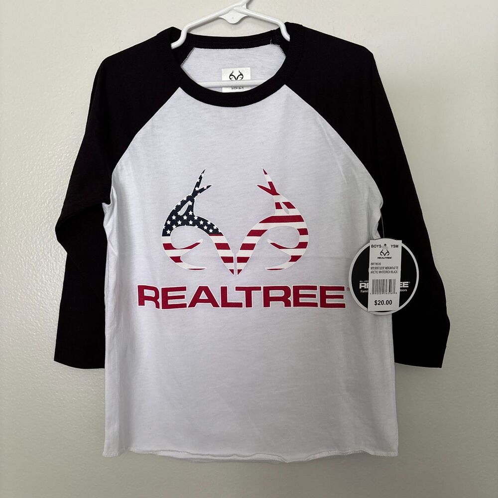Real Tree Boys S 6/7 Flag Logo Raglan Graphic Tee Black White Patriotic Shirt #